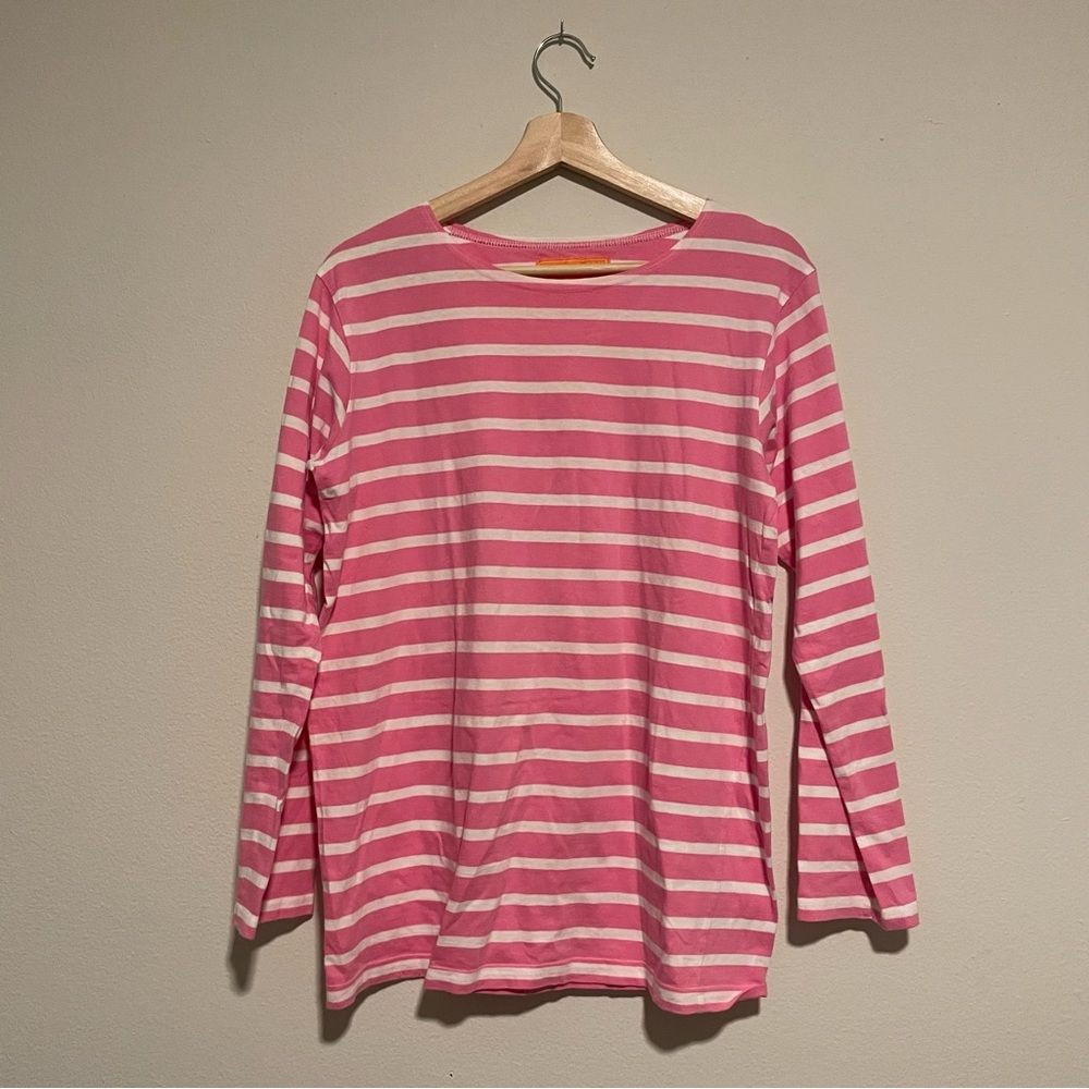 Peter Beaton Nantucket Pink & White Breton Stripe Long Sleeve Shirt, Size Large
